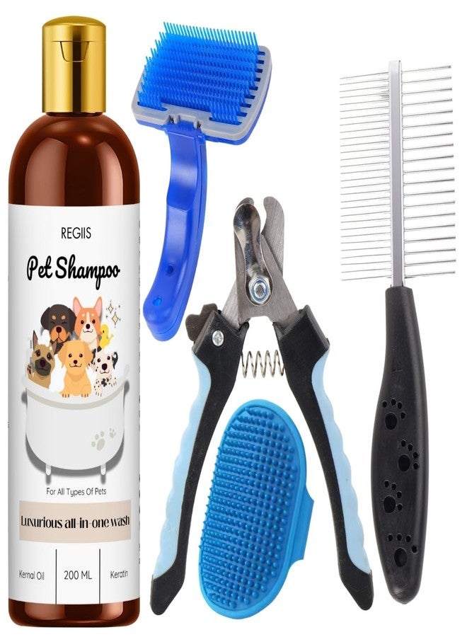 مجموعة ريجيس للعناية بالحيوانات الأليفة مع شامبو متكامل، مجموعة احترافية للعناية بالكلاب مع فرشاة، مقص أظافر، غسول للحيوانات الأليفة 200 مل (عبوة من 5 قطع) - Image 1